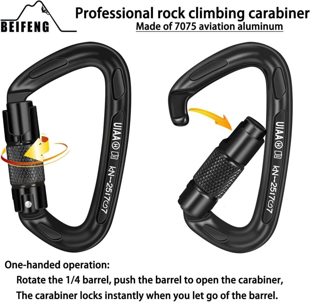 BEIFENG Auto Locking Carabiner 25KN Professional Rock Climbing Carabiner Obtained UIAA Certification Heavy Duty Carabiners Suitable for Rock Climbing, Camping,Rappelling,Rescue All Black Carabiner