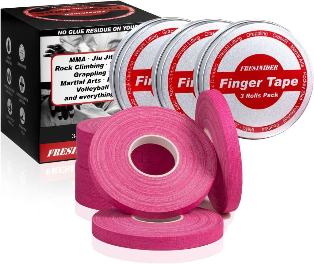 FRESINIDER Finger Tape - Strong Athletic Tape | 0.3” x 45 Feet (9 Pack) Tin Set | No Sticky Residue | for Rock Climbing, BJJ Jiu Jitsu, Grappling, Judo, MMA, Rock Climbing and Martial Arts (Pink)