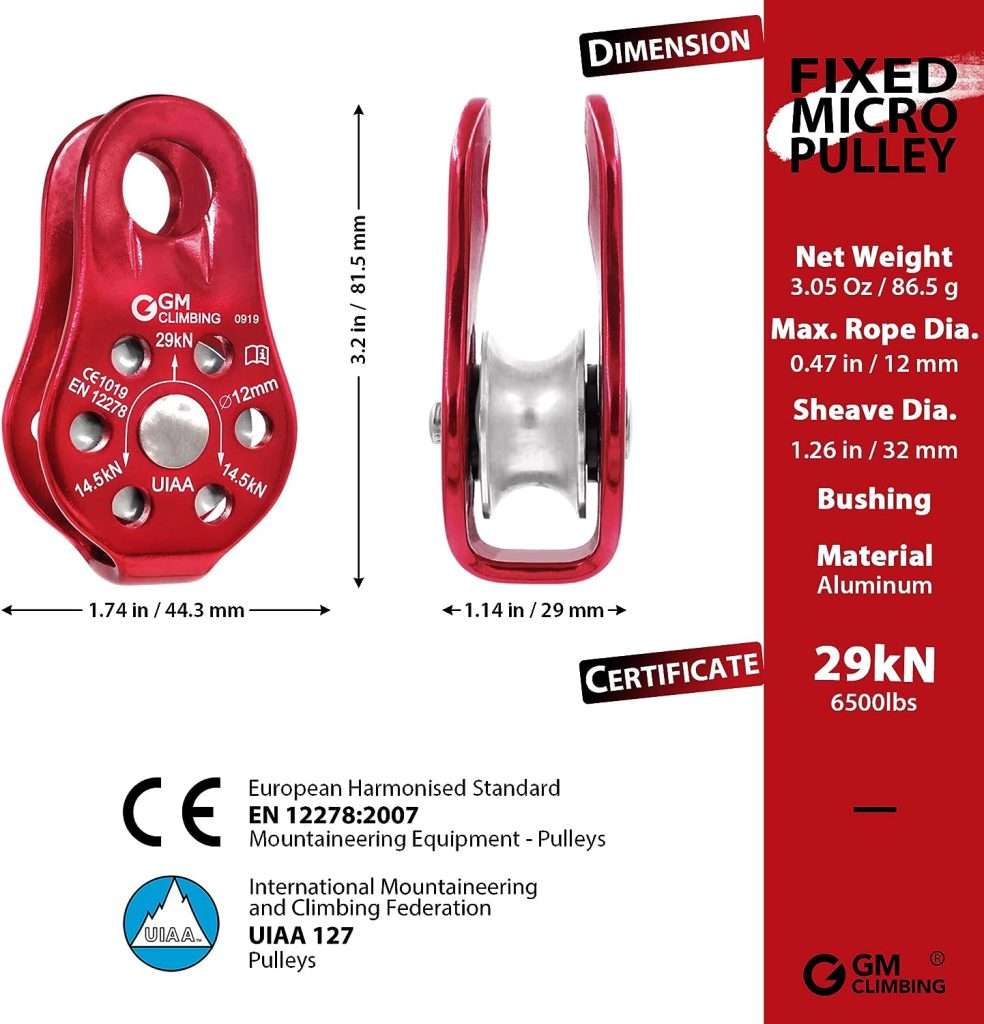 GM CLIMBING 29kN Fixed Micro Pulley CE UIAA Certified Slack Tender for Hitch Tending