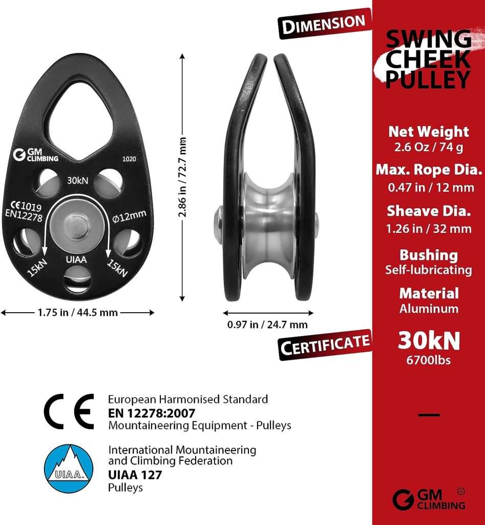 GM CLIMBING UIAA Certified 30kN Swing Cheek Micro Pulley Black General Purpose