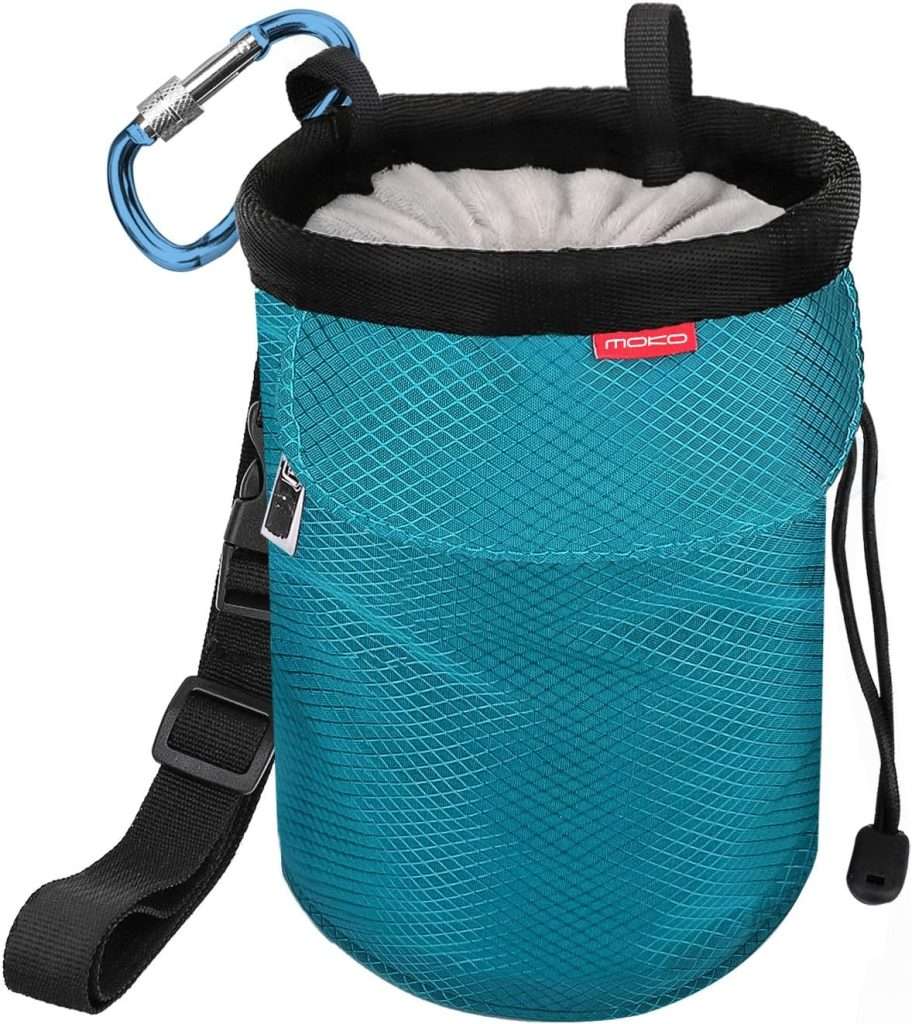 MoKo Chalk Bag, Drawstring Rock Climbing Chalk Bag Bouldering Chalk Bag Bucket with Adjustable Belt  Zippered Pockets and Carabiner for Rock Climbing Weight Lifting Gymnastics Crossfit