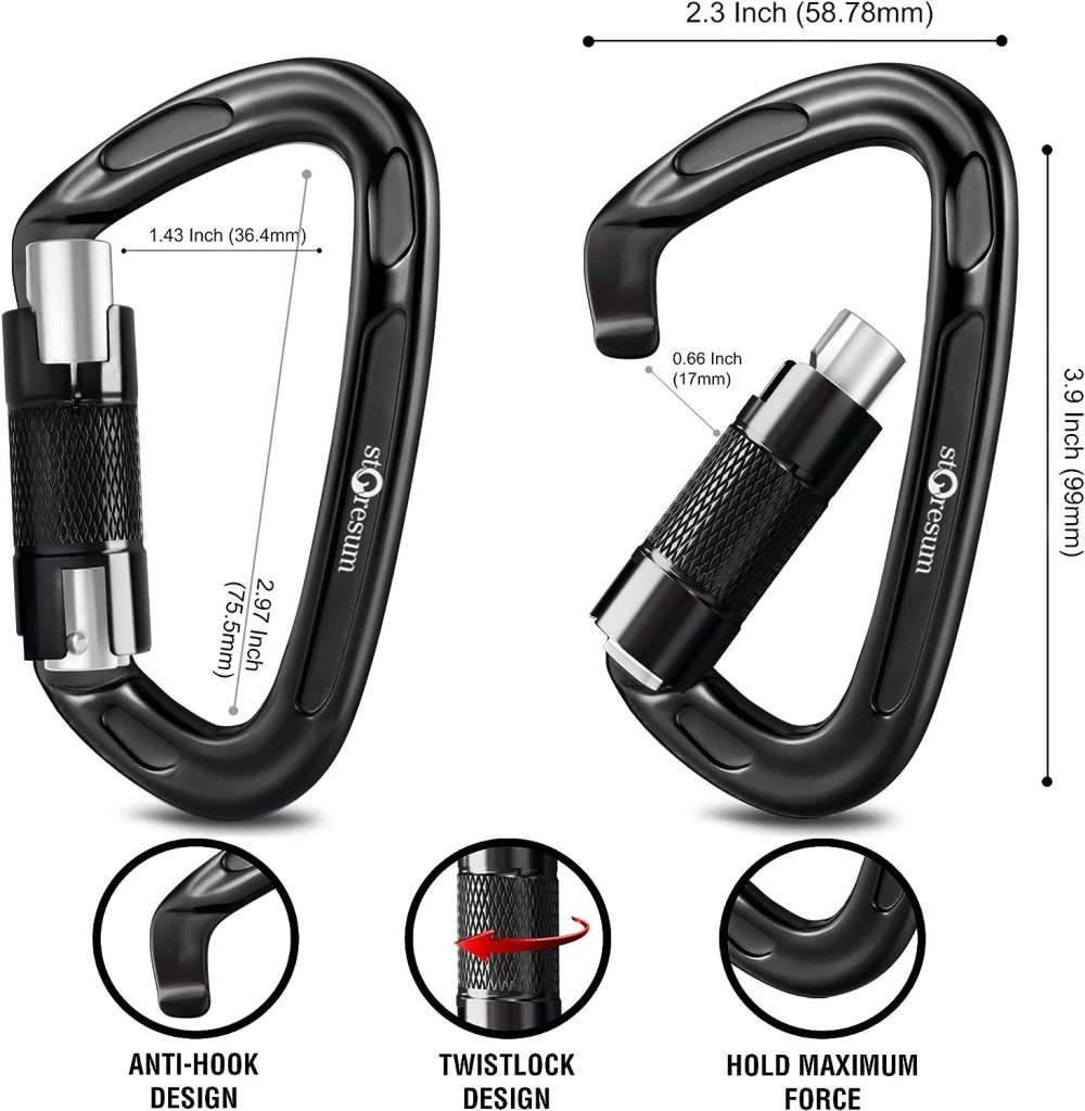 Storesum UIAA Certified Climbing Carabiner -3 Pack 24KN (5400 lbs) Carabiner Heavy Duty Locking Carabiner Clip Climbing Gear for Rock Climbing Gear,Camping,Climbing Equipment,Large Carabiner