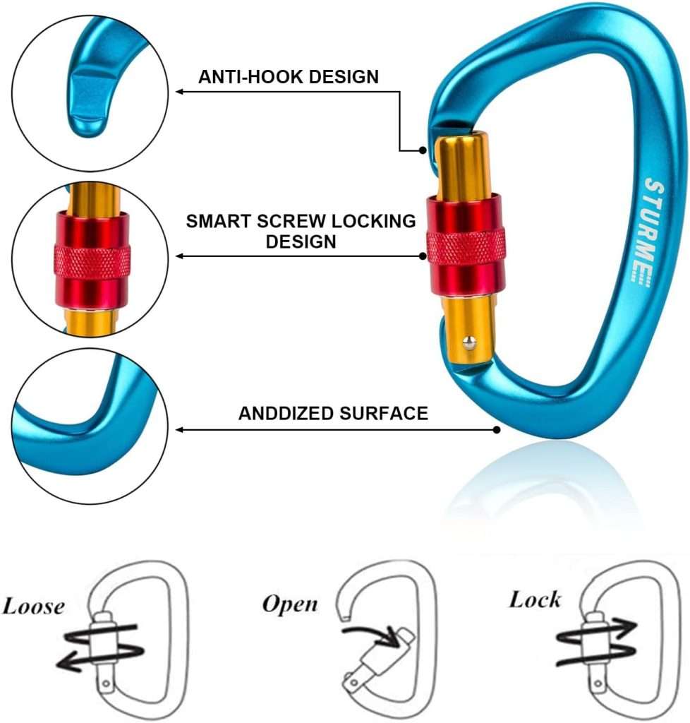 STURME UIAA Certified Climbing Carabiner Clips, 2 Pack 25KN(5623lbs) Screwgate Locking Carabiner Heavy Duty Caribeener Clips, Large Carabiner D Ring for Rock Climbing  Mountaineering