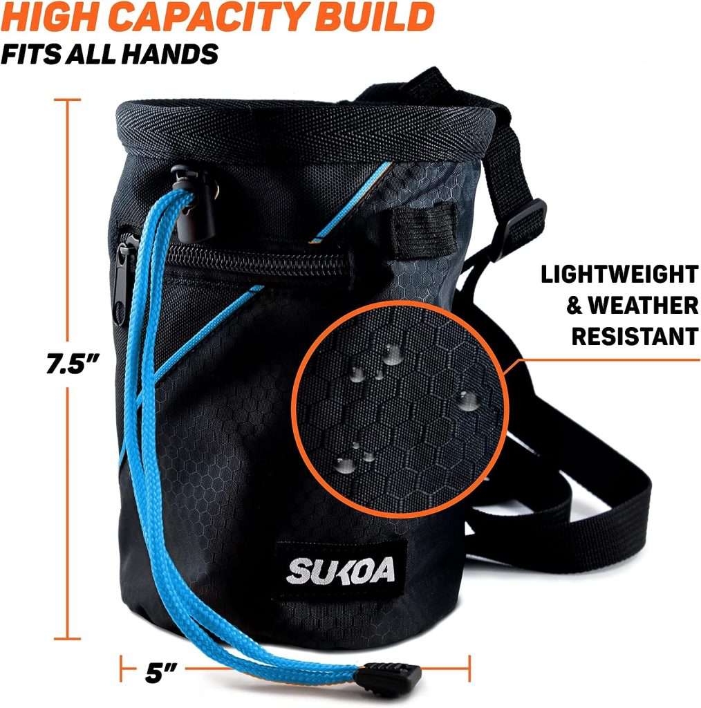 Sukoa Chalk Bag for Rock Climbing - Bouldering Chalk Bag Bucket with Quick-Clip Belt and 2 Large Zippered Pockets - Rock Climbing Gear Equipment