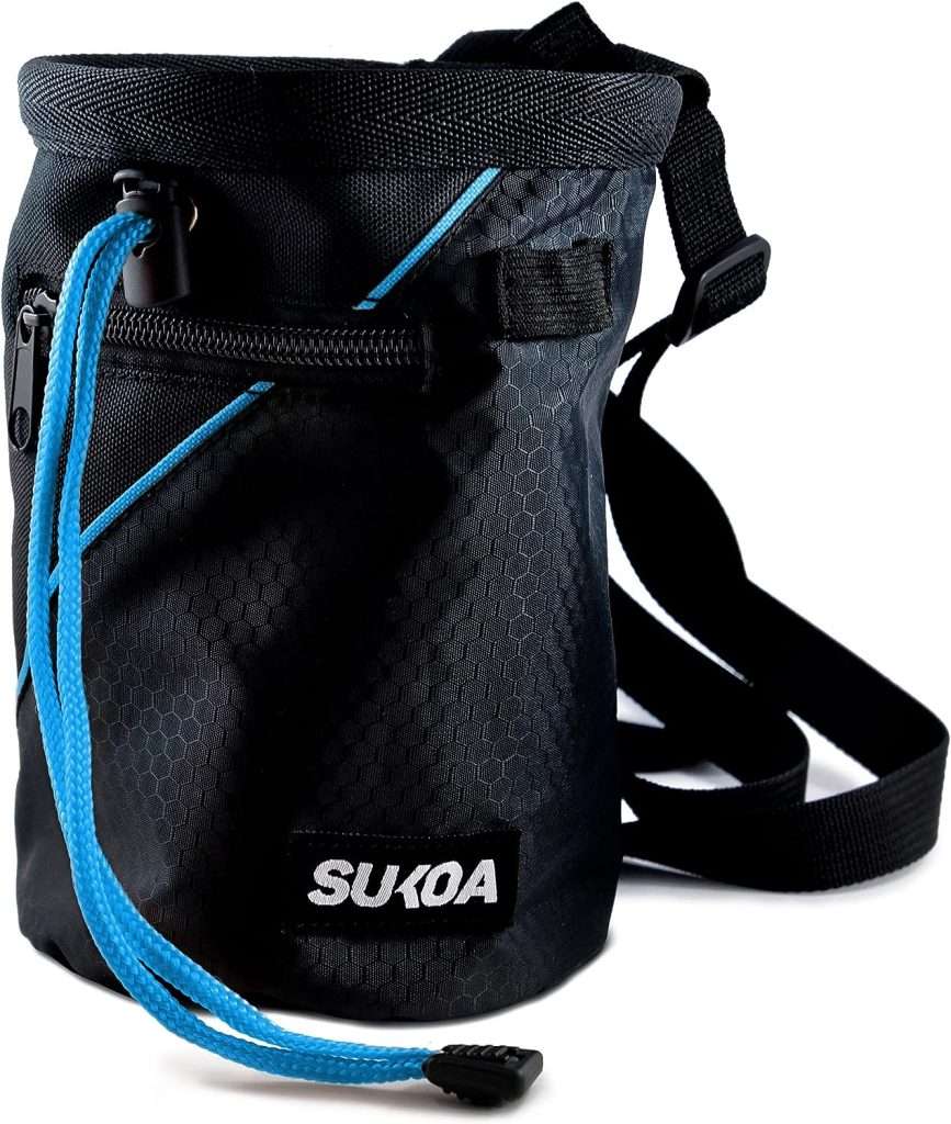 Sukoa Chalk Bag for Rock Climbing - Bouldering Chalk Bag Bucket with Quick-Clip Belt and 2 Large Zippered Pockets - Rock Climbing Gear Equipment