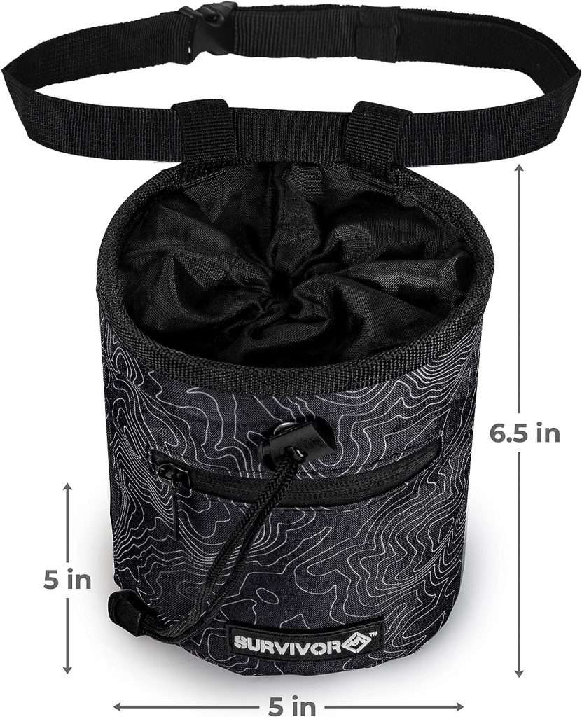 SURVIVOR Chalk Bag + Refillable Chalk Ball + Liquid Chalk - Draw String  2 Zippered Pockets - Black Chalk Bag for Rock Climbing, Bouldering, Weightlifting with Hand Chalk Accessories for Extra Grip